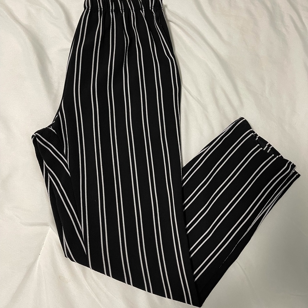 Stripped straight legged pants.
